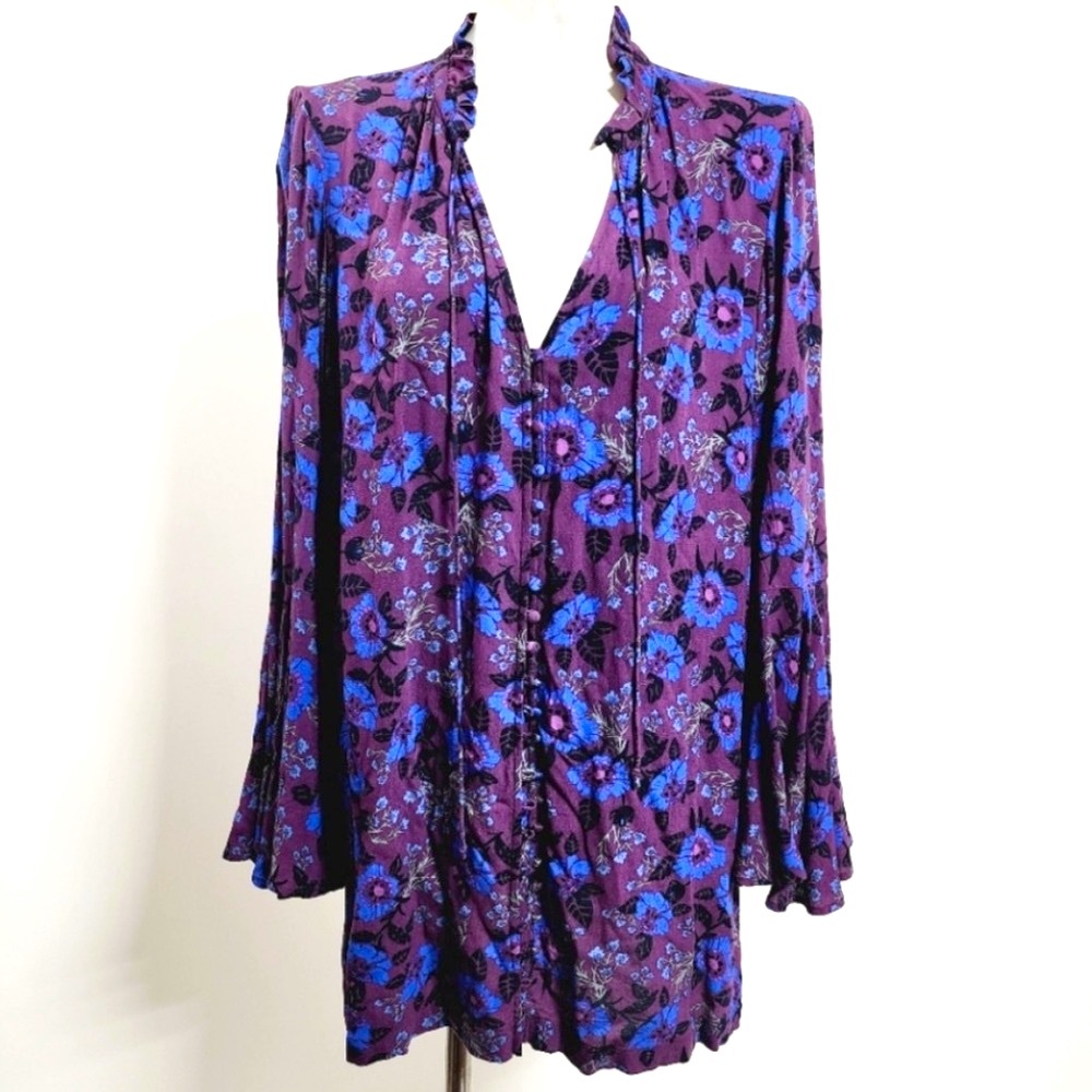 Free People Lavender Floral Trumpet Sleeve Button Down Boho Blouse